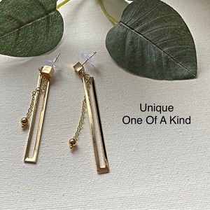 SALE..Unique Earrings. Long Rectangle Earrings, Dangling Chains Small Gold Balls